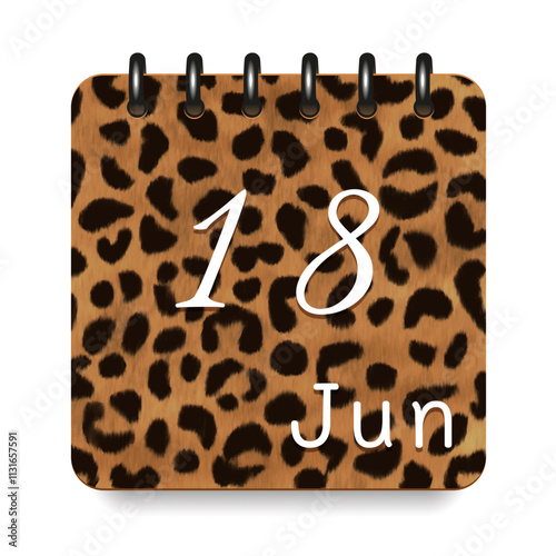 18 June. Leopard print calendar daily icon. White letters. Date day week Sunday, Monday, Tuesday, Wednesday, Thursday, Friday, Saturday.