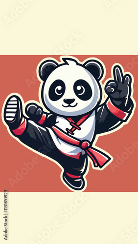 Panda mascot wearing shaolin clothing with a kicking pose in the air