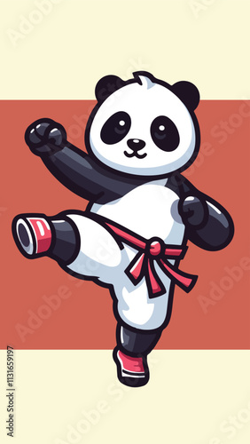 Panda mascot wearing shaolin clothing with a kicking pose in the air