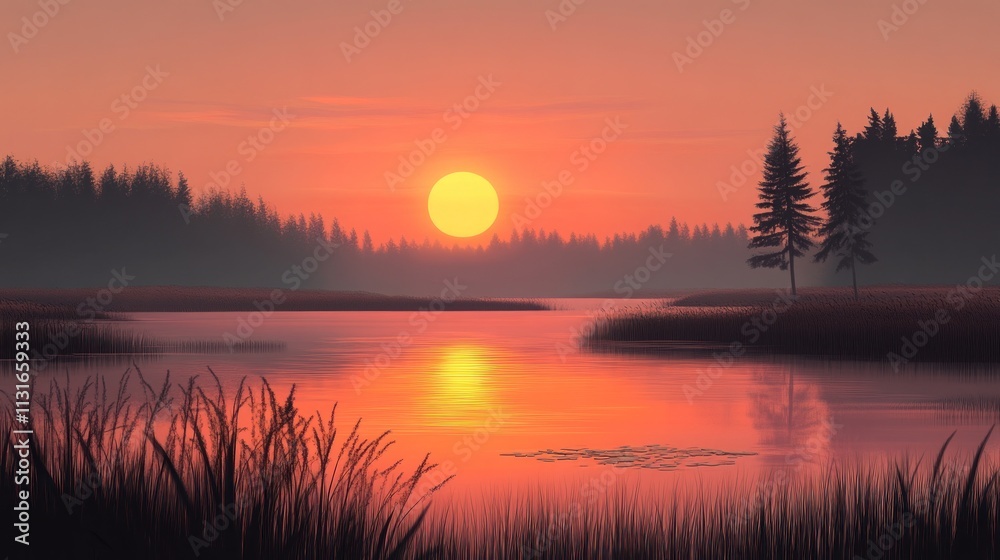 Obraz premium A serene sunset over a tranquil lake, surrounded by trees and gentle grassland.