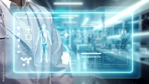 Close up of doctor pointing at human anatomy hologram while standing at laboratory with blurring background. Medical worker checking HUD dashboard whole body and diagnosis brain disorder. Remedial.