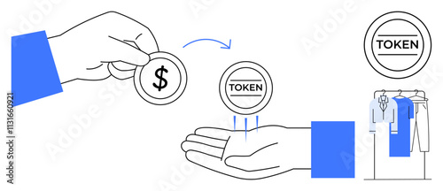 Hand with dollar coin, another hand receiving token, clothing rack. Ideal for finance, business, digital currency, blockchain, e-commerce transactions token exchange. Line metaphor