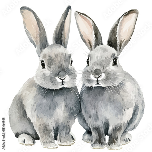 Two watercolor grey rabbits isolated on white background, cute gray rabbits , vector illustration