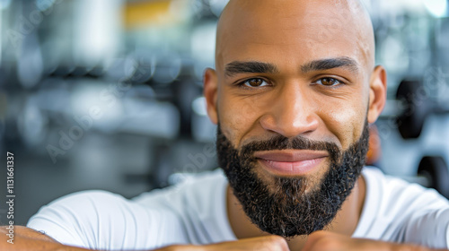 A focused man works hard on a rowing machine, pushing his limits and staying fit at the gym. photo