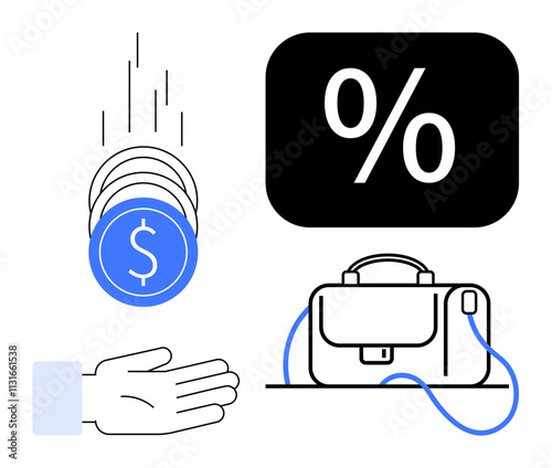 Coins with dollar signs falling into open hand, percentage symbol in black box, and briefcase. Ideal for concepts like finance, savings, investments, banking, business strategy, interest rates