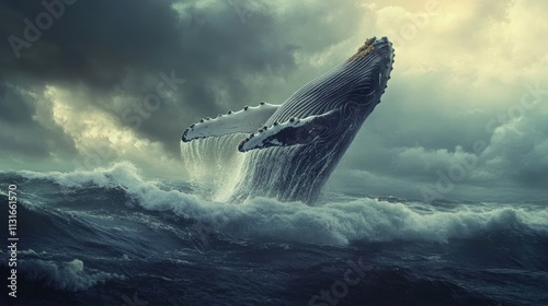 Majestic humpback whale breaching in a stormy ocean.