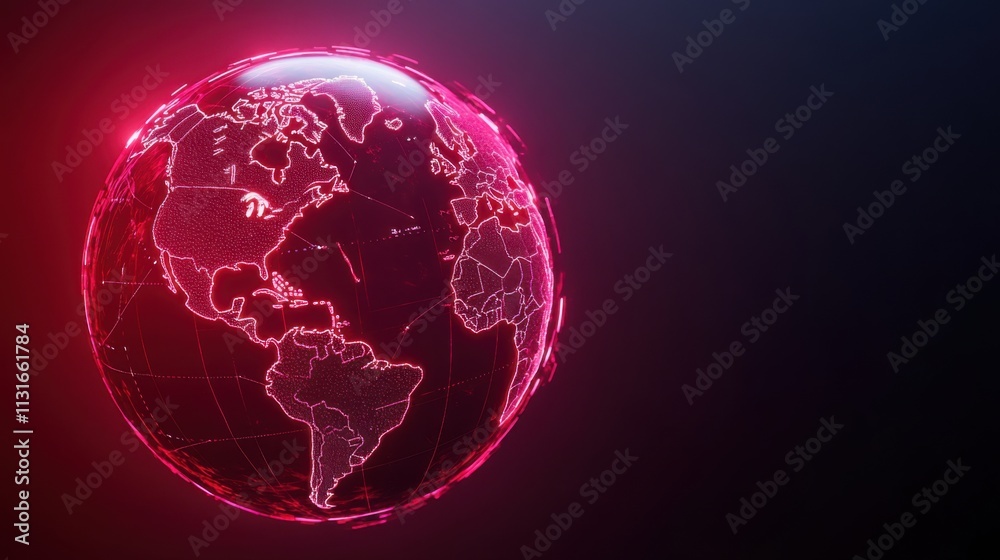 Fototapeta premium Futuristic Digital Globe With Red Neon Lines Displaying World Map and Global Network Connections