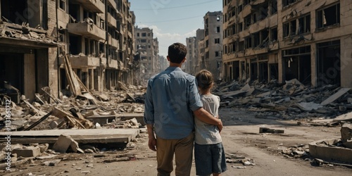 Two figures stand in a devastated urban landscape reflecting on loss photo