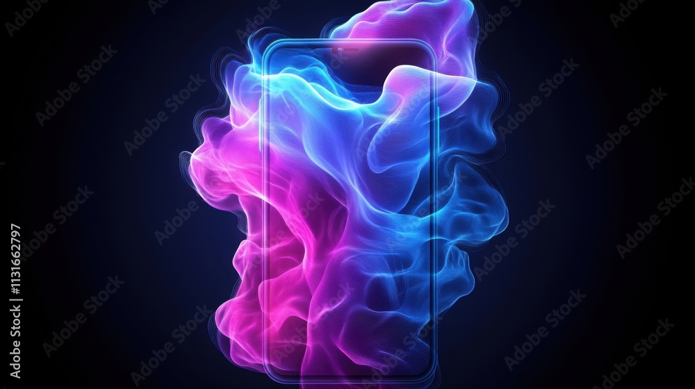 Obraz premium Abstract Colorful Smoke Background with Smartphone Outline in Neon Shades for Creative Digital Use