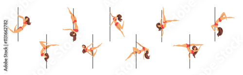 Woman Character Pole Dancer Engaged in Choreography and Fitness Activity Vector Set