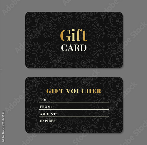 Dark ornate card with golden text. Black elegant classic design with retro baroque ornament. Vintage style gift voucher template. EPS 10 vector illustration.