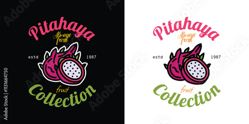 Emblem collection of fruits. Pitahaya. Original vector illustration in vintage style. T-shirt design.