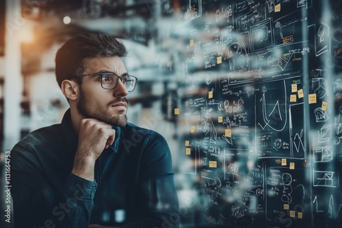 A thoughtful man analyzes complex data and charts, immersing himself in strategic goal setting and planning to guide his selfimprovement journey toward success and fulfillment in life photo