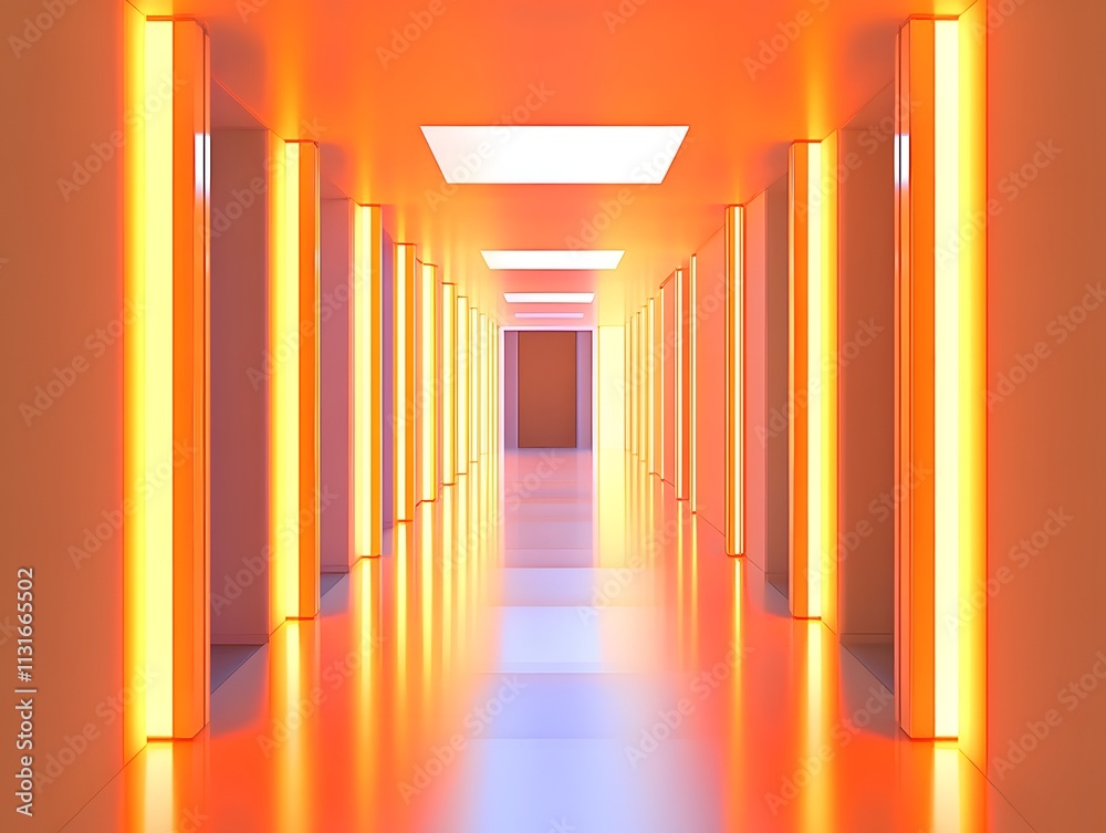 Fototapeta premium A modern corridor illuminated by vibrant orange lights