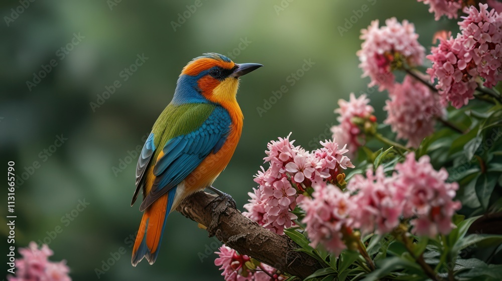 Fototapeta premium Colorful bird perched on branch near pink flowers.