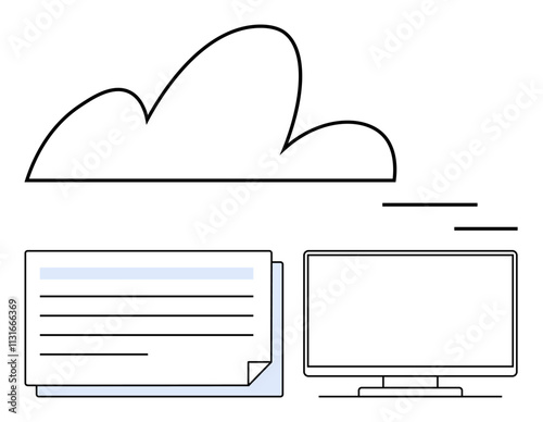 Cloud icon above a computer monitor and stack of documents, symbolizing cloud storage synchronization and data management. Ideal for cloud computing, digital storage, tech solutions, remote work