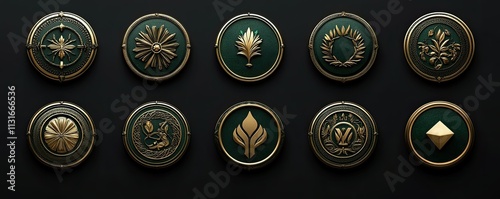 dark green and gold different set circle award logo for winners with beautiful carvings on black background  photo