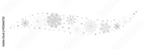 Snowflakes with Stars Border in wave shape. A winter themed Vector illustration with dark silver. Snowflakes garland. Christmas decoration. Merry Christmas and Happy New Year concept.