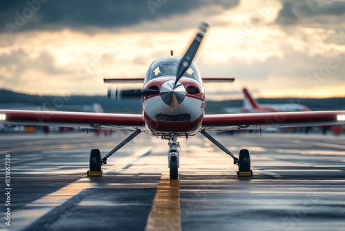 Small aircraft positioned on runway at sunset highlighting flight preparation and aviation enthusiasm photo