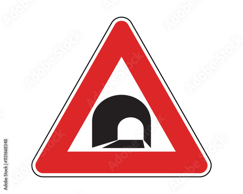 Tunnel Road Sign Featuring a Triangular Shape with Red Border and Black Tunnel Symbol, Indicating an Upcoming Unlit or Limited Visibility Tunnel, Available as a Vector File