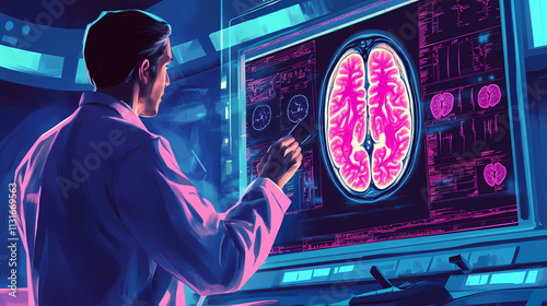A doctor examines an mri scan of the human brain on a digital screen, unlocking its mysteries. Resonance. Illustration