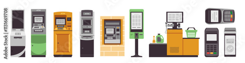 Set of cashless payment devices. Icons with different gadgets for contactless money transfers. Payment terminal, ATM machine, self checkout. Flat vector illustration collection
