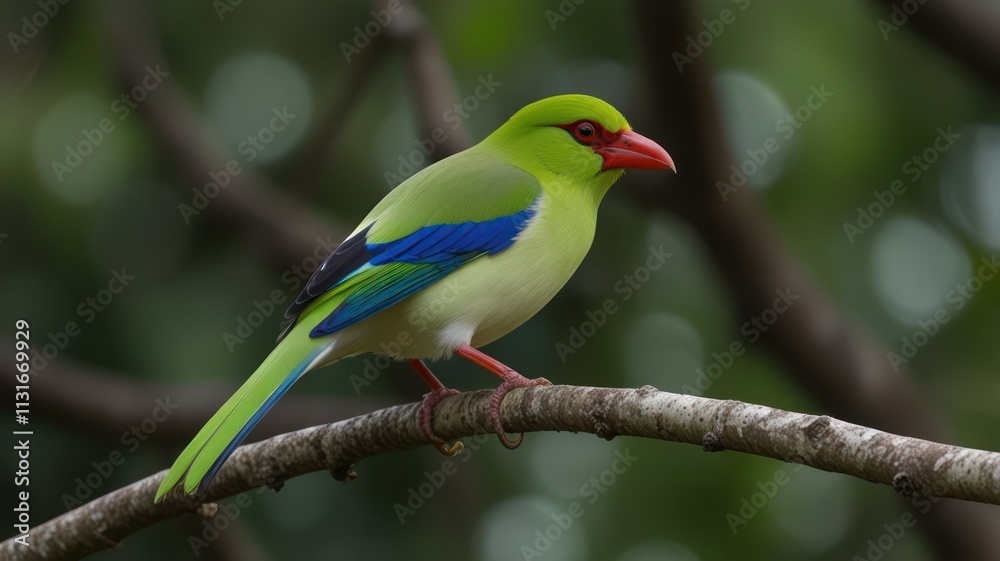 Fototapeta premium Red-billed Leiothrix perched on a branch.