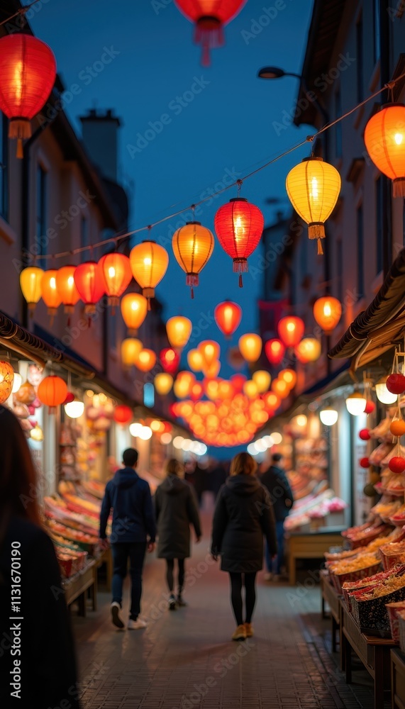 Fototapeta premium night market scene with colorful lanterns hanging above busy streets
