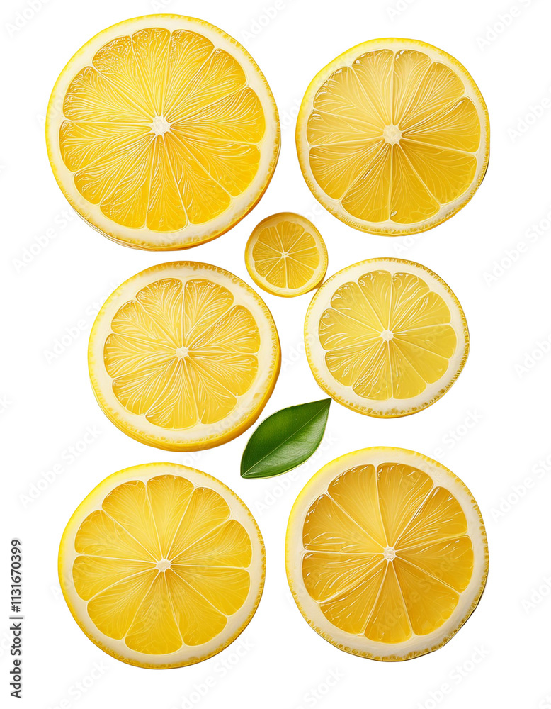 Fototapeta premium A collection of lemon slices cut out and set against a white background.