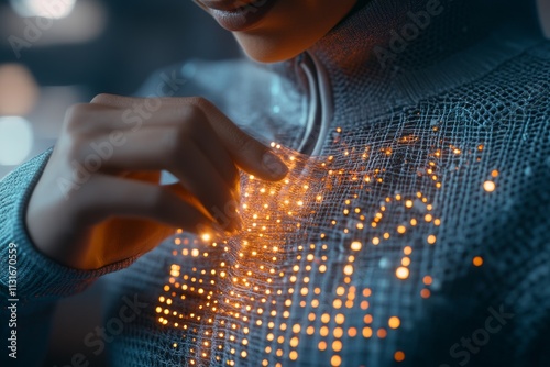User interacting with innovative smart fabric displaying vibrant patterns in a high-tech environment during evening