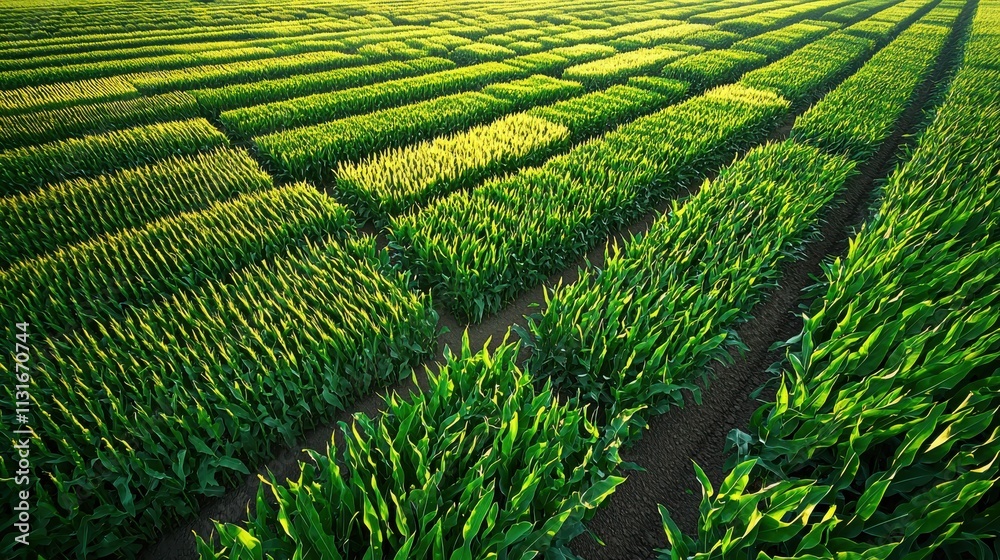 Fototapeta premium A stunning aerial view of a lush green cornfield stretching into the horizon under a golden sunset, showcasing the beauty of agricultural landscapes.