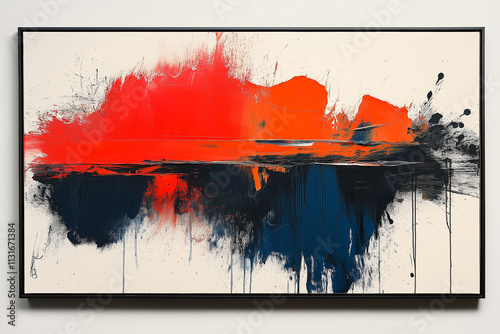 Photographie d'un tableau abstrait avec couleurs vives et formes dynamiques, encadré dans un cadre noir simple, sur fond blanc photo