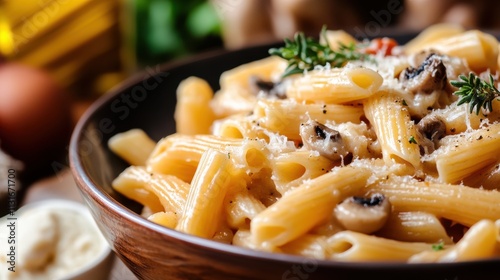 A savory pasta creation featuring penne, creamy sauce blended with fresh mushroom slices, aromatic thyme sprigs, and a sprinkle of cheese, steam rising fragrantly. photo