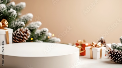 A festive holiday setup featuring snow-covered pine branches, gifts wrapped with golden bows, and pine cones, evoking a warm and celebratory ambiance. photo