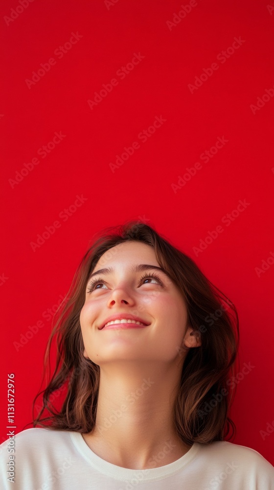 Obraz premium beautiful girl beautiful young woman smiling on red background with copy space vertically 9:16