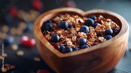 Close up fresh and healthy cereal in heart shape woo bowl in the kitchen for high nutrition food.