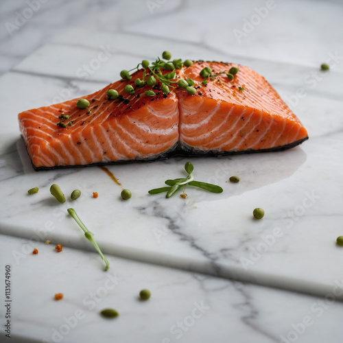 Raw Salmon Fillet on Marmoreal Surface: Culinary Food Photography for Fine Dining and Healthy Eating photo