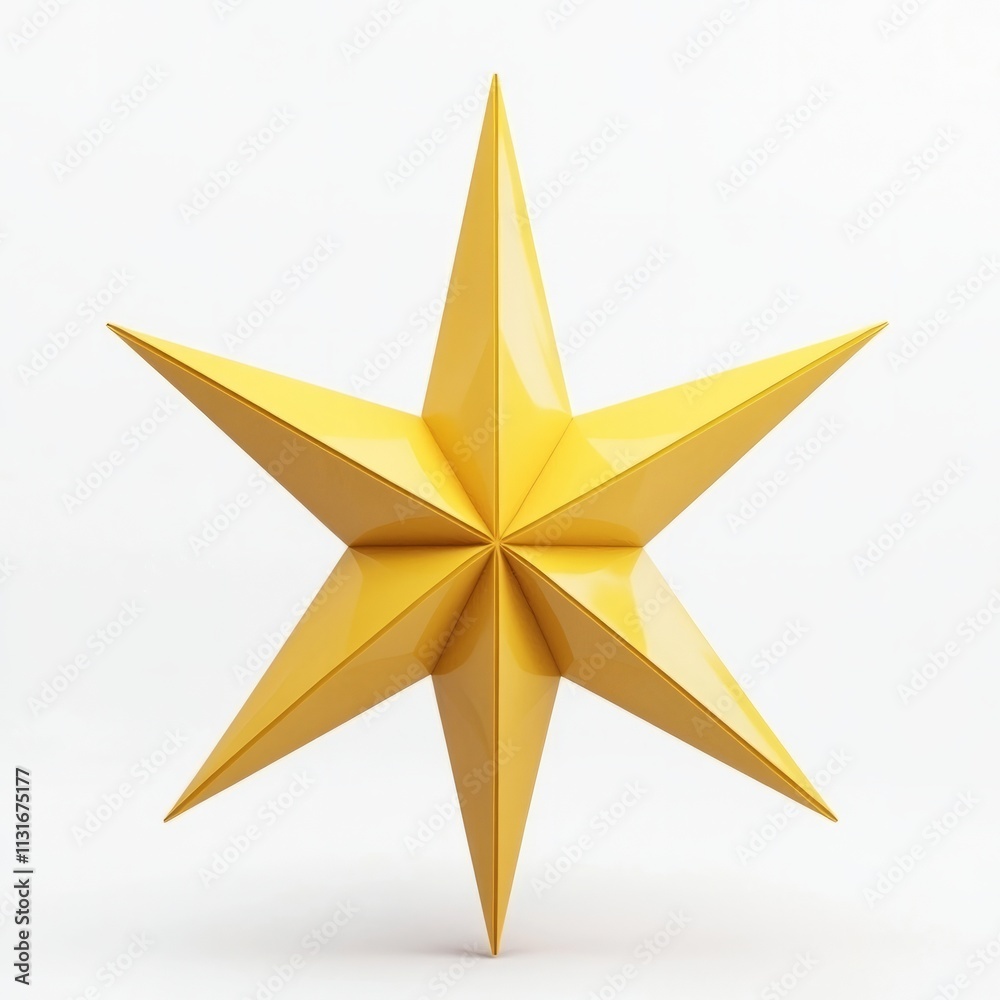 Fototapeta premium 3D rendering of a simple, bright Christmas star in yellow, set on a plain white background realistic