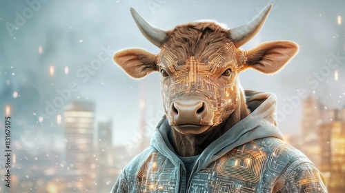 A cybernetically enhanced bull wearing a sleek, futuristic hoodie adorned with glowing circuit patterns, standing against a backdrop of a neon lit cityscape. photo