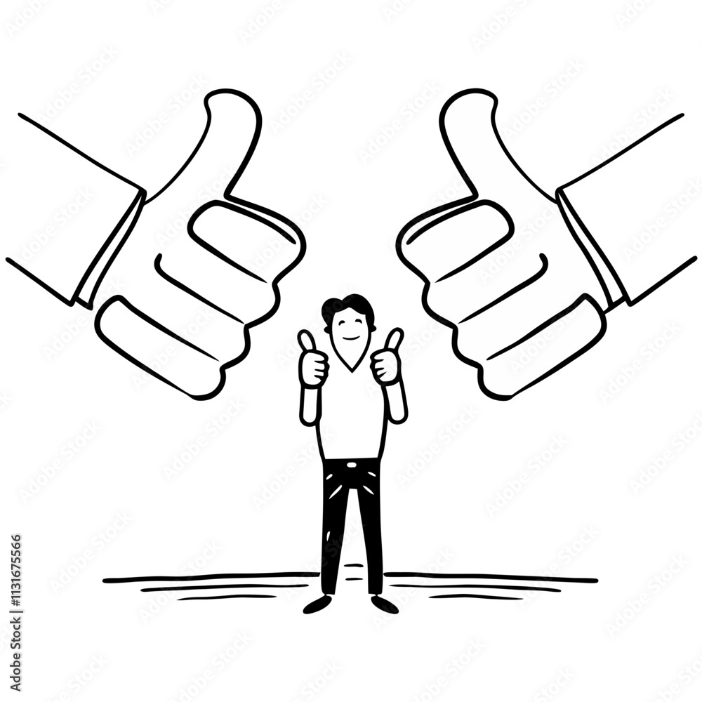 Thumbs up concept, man holding thumbs up gesture, illustration