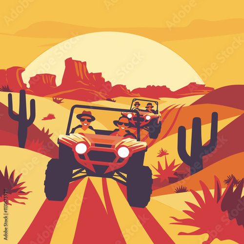 Thrilling Off-Road Adventure in a Vibrant Desert Landscape with Tourists Riding Dune Buggies