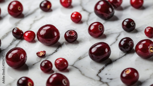 <Close-Up of Vibrant Fresh Red Cranberries with Glossy Texture on Marble Surface - Perfect for Seasonal Holiday Cooking and Healthy Snacks> photo