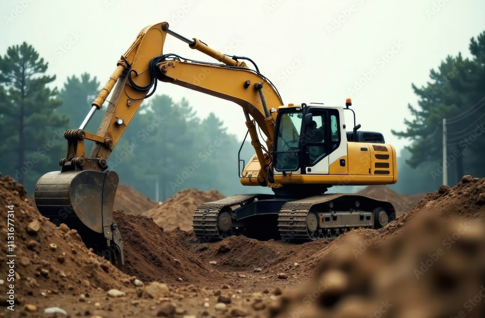 Obraz premium large yellow crawler excavator during excavation work, trench for house foundation