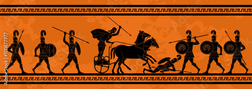 Ancient Greek ornament. Mural fresco or ceramic amphora with mythical battle of warriors with spears and shields. Depiction of historical event of human civilization. Flat vector illustration