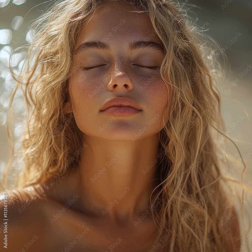 Naklejka premium blond woman leaning on sand at the beach, with closed eyes, green detailes, sunny daylight