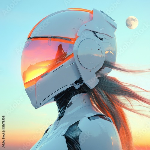 A futuristic dark blond woman wearing a vibrant orange and pink visor helmet, sleek high-tech design, reflective surface showing a glowing sunset photo