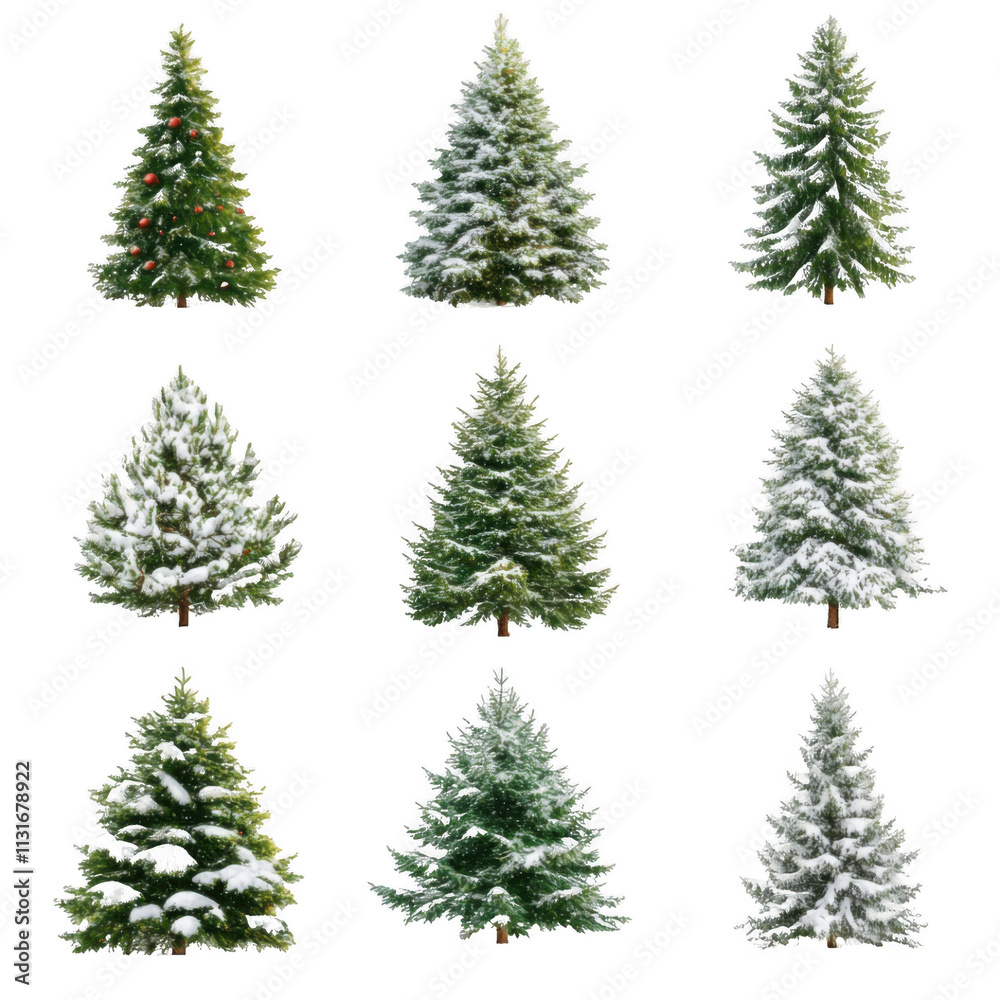 Fototapeta premium Collection of Christmas Trees with snow isolated on a white background.