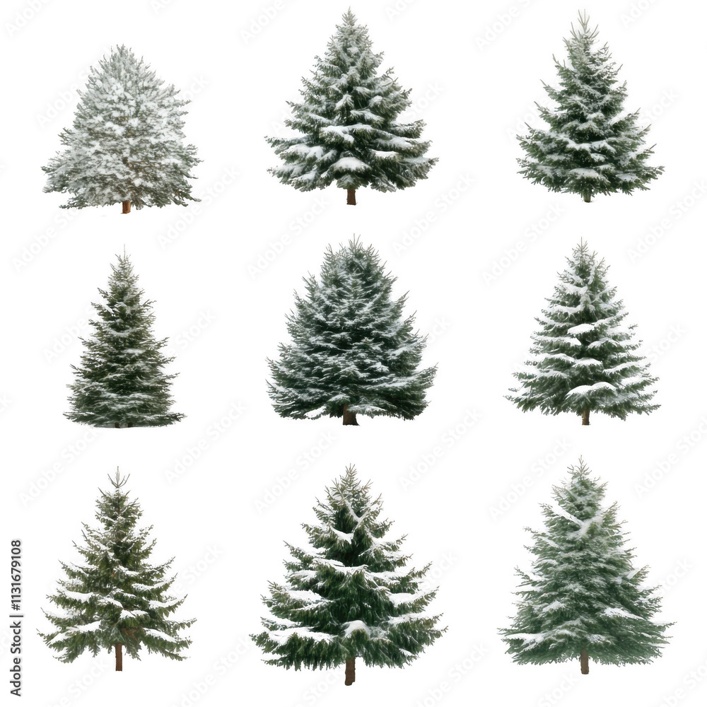 Obraz premium Collection of Christmas Trees with snow isolated on a white background.