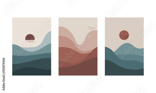 Vector illustration. Cool shades of a mountain landscape during a solar eclipse, where the eclipsed sun creates a contrasting effect.