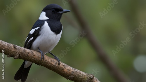 Black and white bird perched on a branch in a natural setting. photo